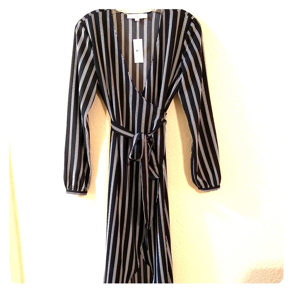 LOFT Black Dress with White Vertical Stripes and Tie Waist
